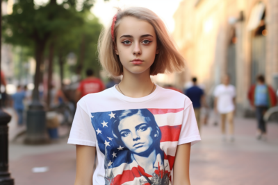 a teenager girl wearing a political t-shirt