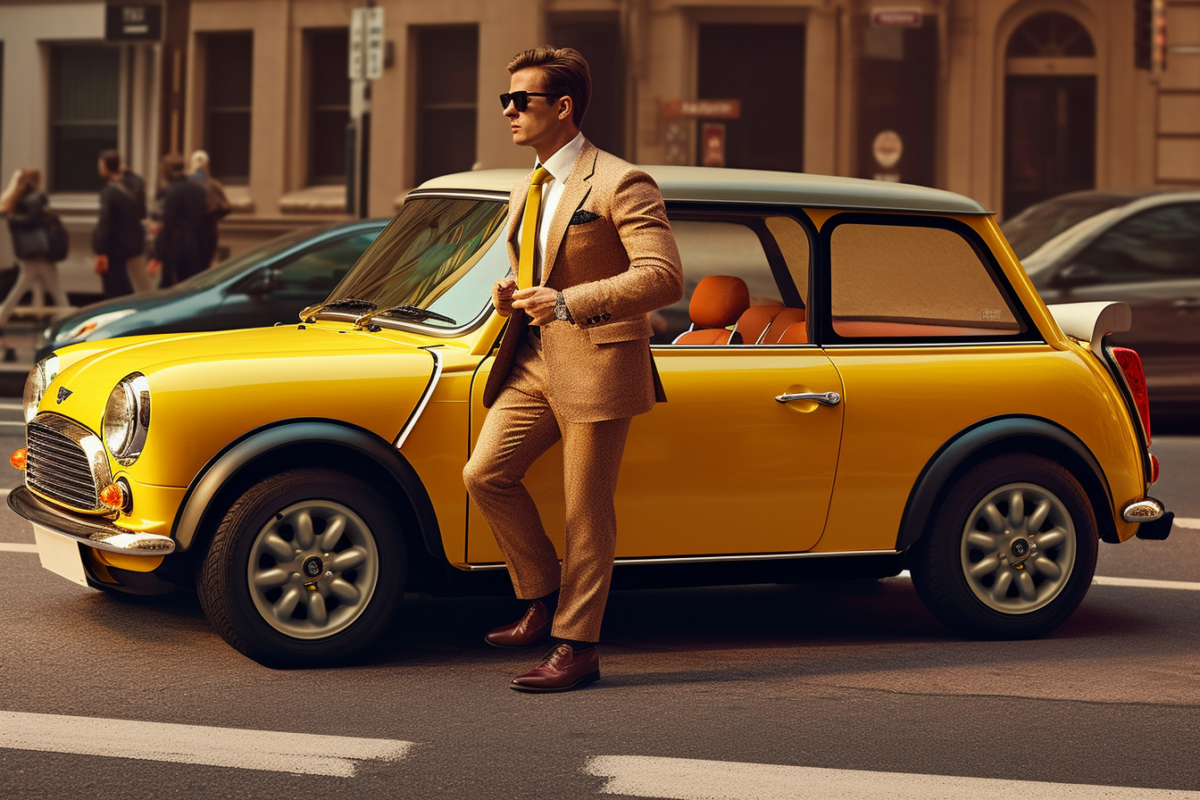 a man and a yellow mini cooper