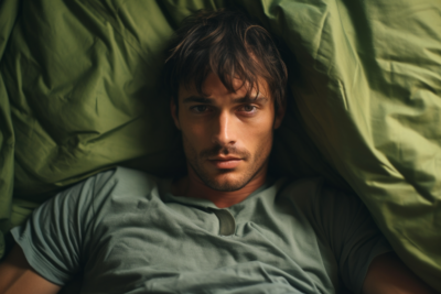 a man wearing a green t-shirt in bed