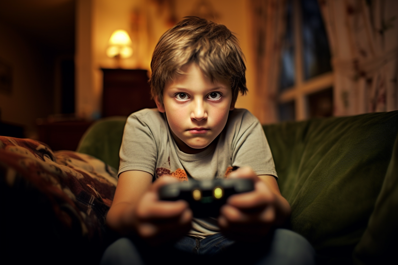 a kid plays a video game