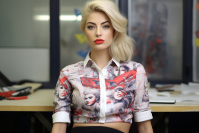 a woman at work in a political shirt