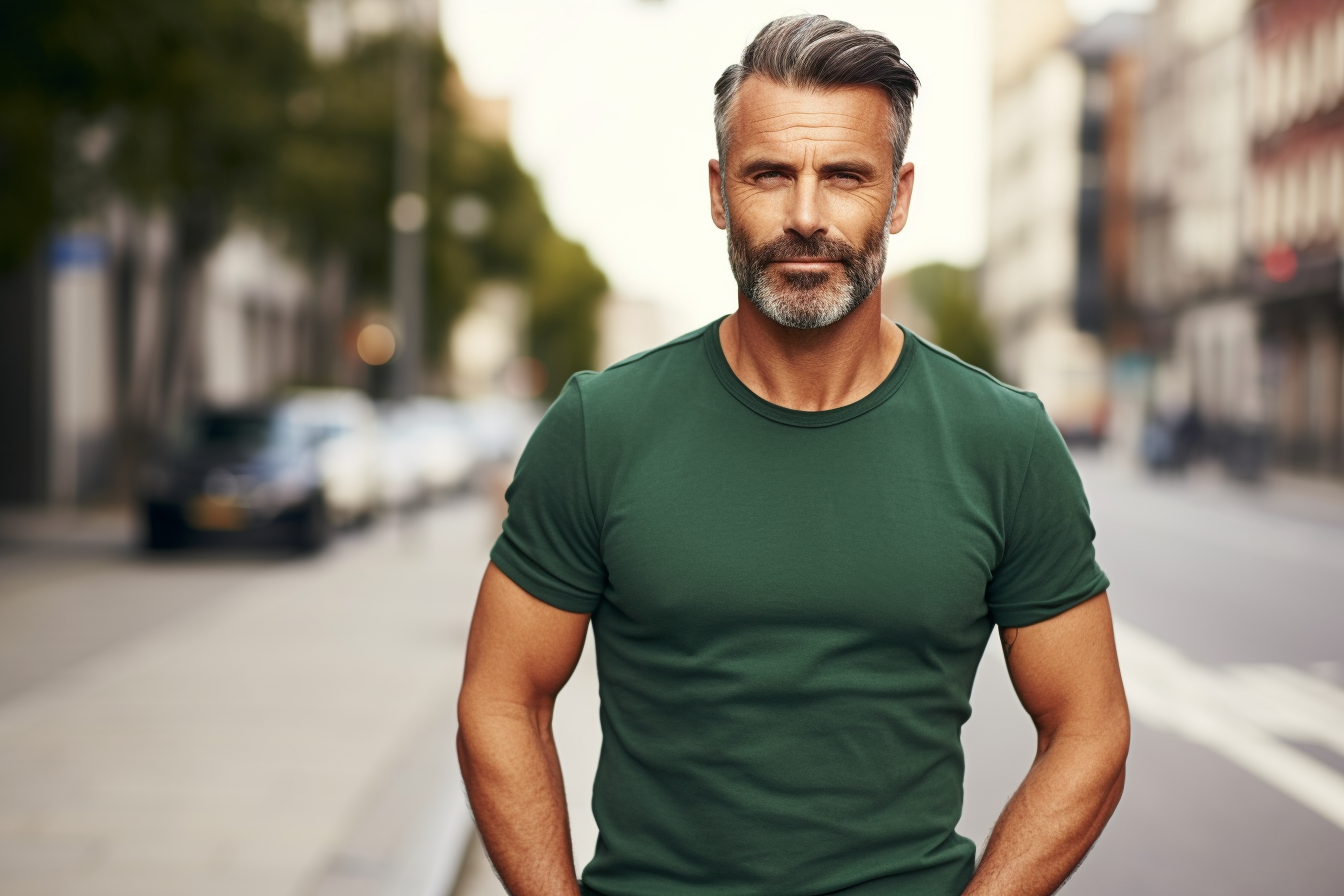 a middle-aged man wearing a green t-shirt