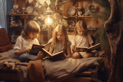 three kids read a book