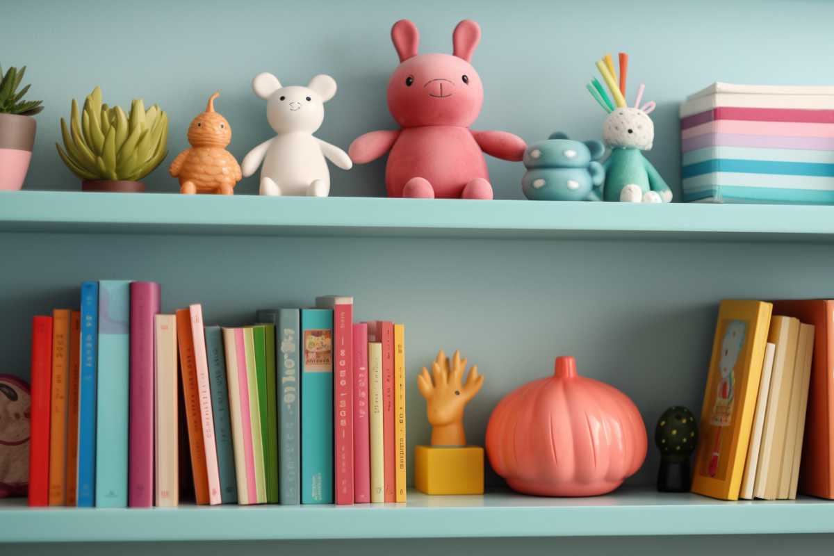 toys and books on shelves