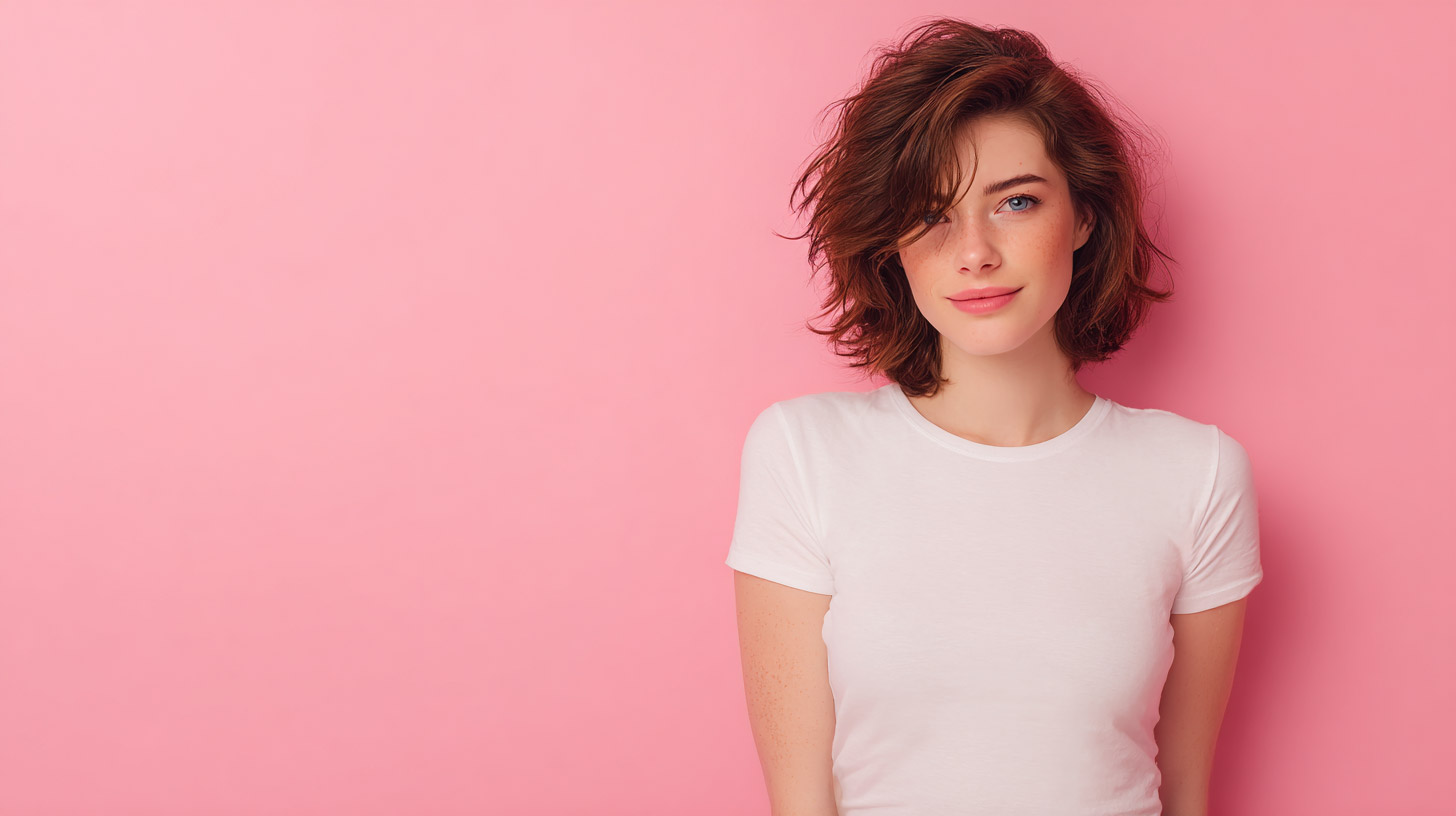 woman in tshirt on pink